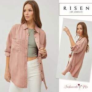 RISEN Button Up Long Sleeves Chest Pockets Relaxed Fit Denim Shirt | Mauve